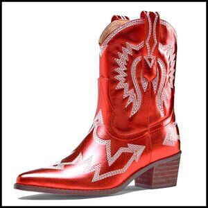 Women's Embroidered Metallic Ankle Western Boots Pointed Toe Chunky Heel